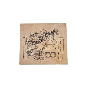 Imaginations Rubber Stamp Best Friends Girls On Fence Wood Mounted Craft 3.5x3